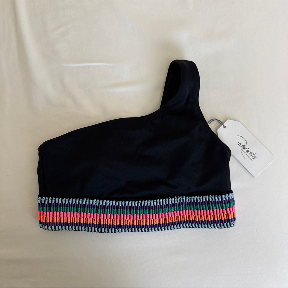 Peixoto Zoni Black one Shoulder Black Bikini Top embroidered multi color trim